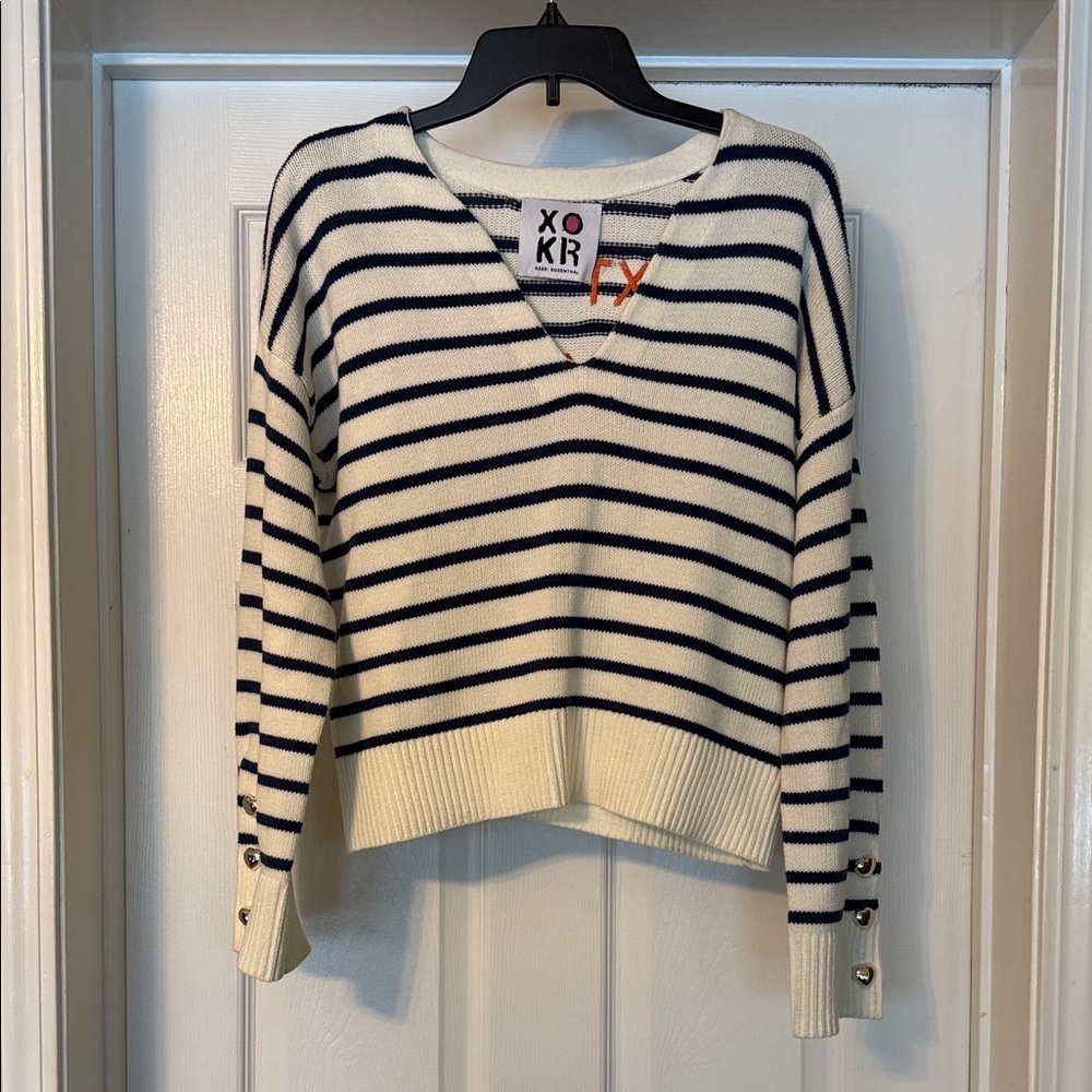XO KR Kerri Rosenthal Navy White Stripe Sweater Orange Embroidery Cropped